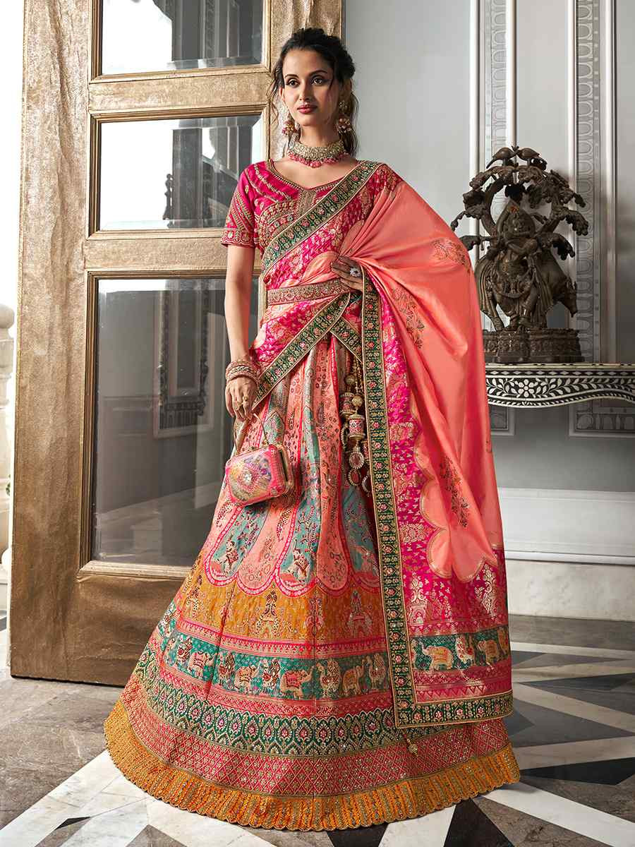 Multi Banarasi Silk Embroidered Bridal Wedding Heavy Border Lehenga Choli