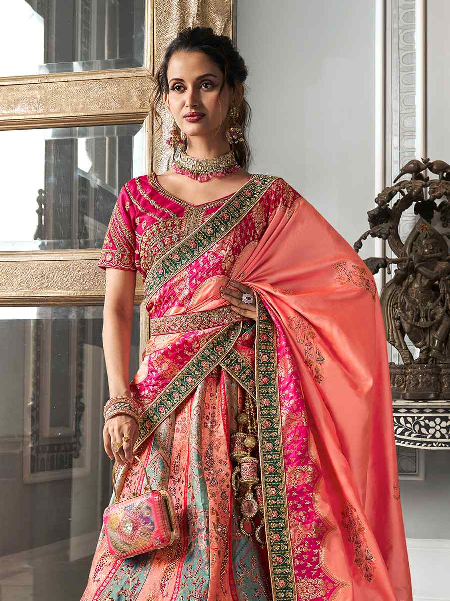 Multi Banarasi Silk Embroidered Bridal Wedding Heavy Border Lehenga Choli