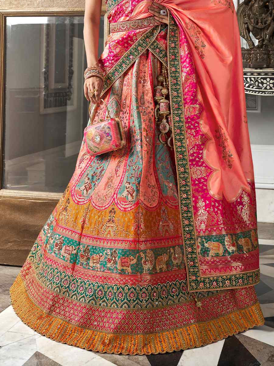 Multi Banarasi Silk Embroidered Bridal Wedding Heavy Border Lehenga Choli