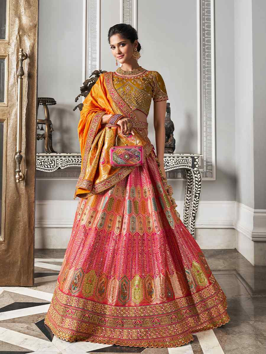 Multi Banarasi Silk Embroidered Bridal Wedding Heavy Border Lehenga Choli