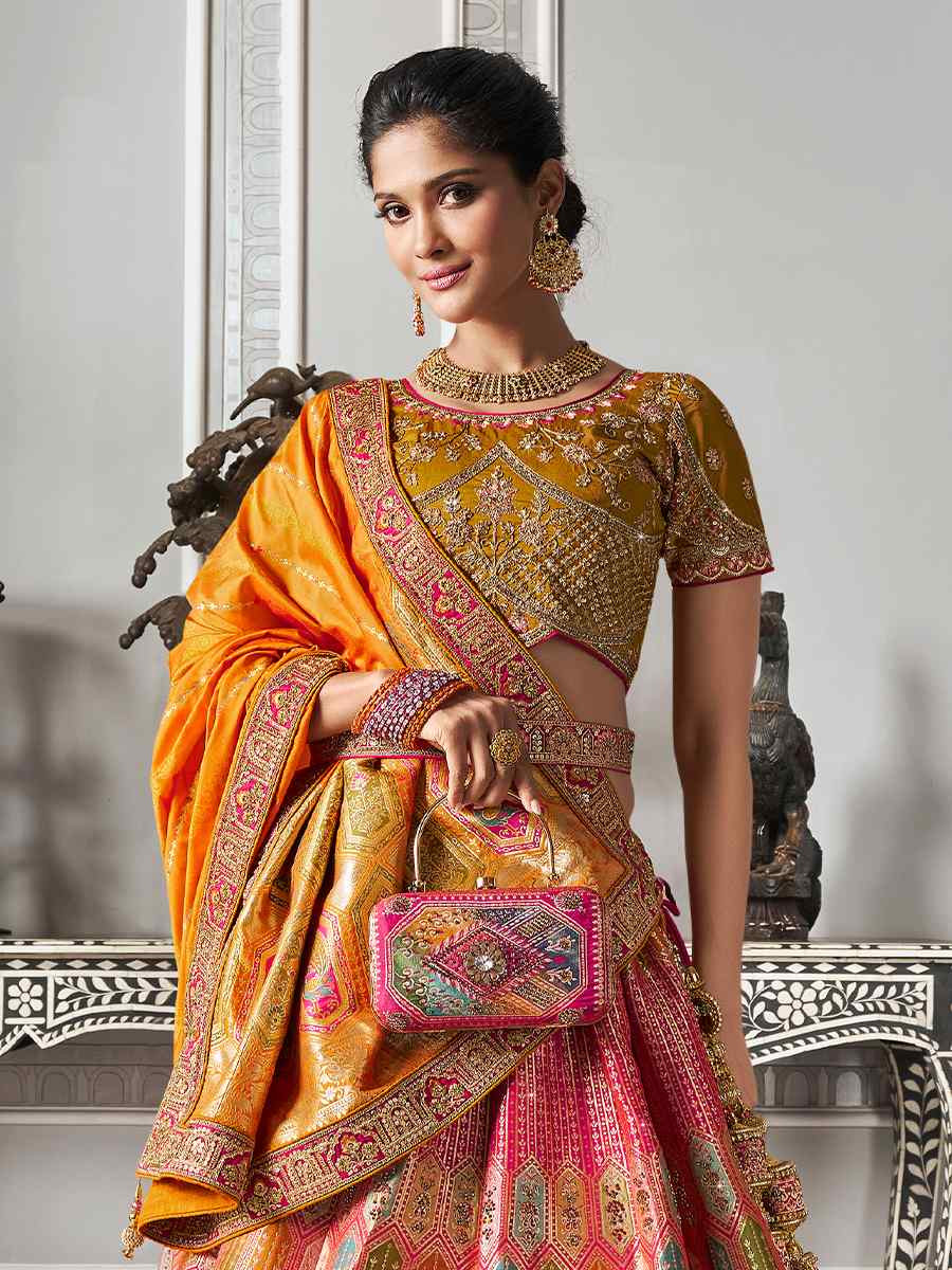 Multi Banarasi Silk Embroidered Bridal Wedding Heavy Border Lehenga Choli