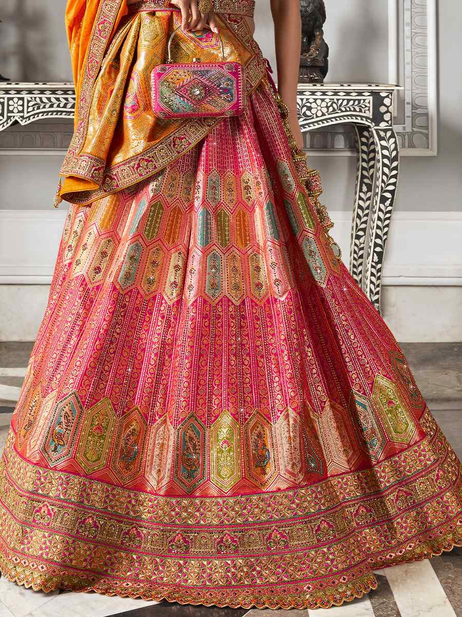 Multi Banarasi Silk Embroidered Bridal Wedding Heavy Border Lehenga Choli