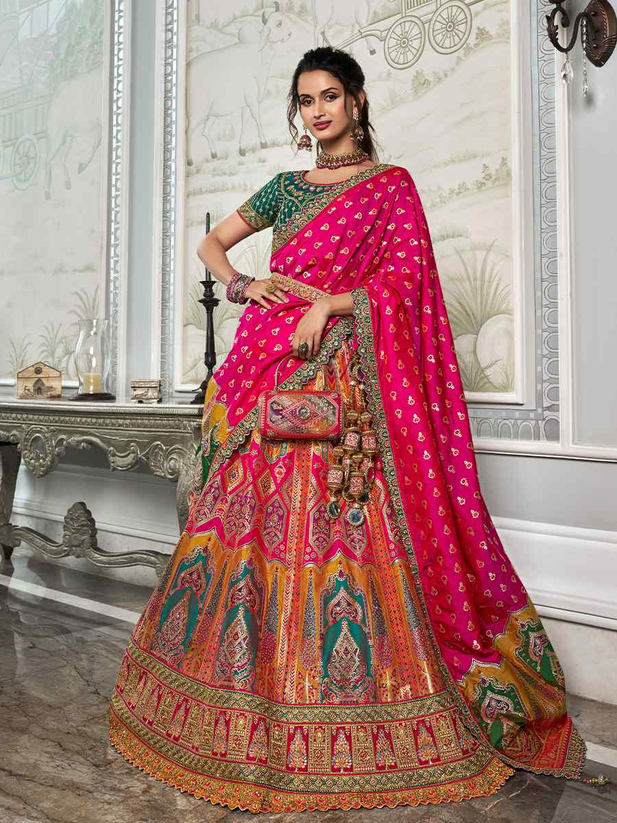 Multi Banarasi Silk Embroidered Bridal Wedding Heavy Border Lehenga Choli