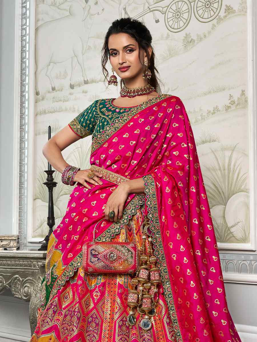 Multi Banarasi Silk Embroidered Bridal Wedding Heavy Border Lehenga Choli