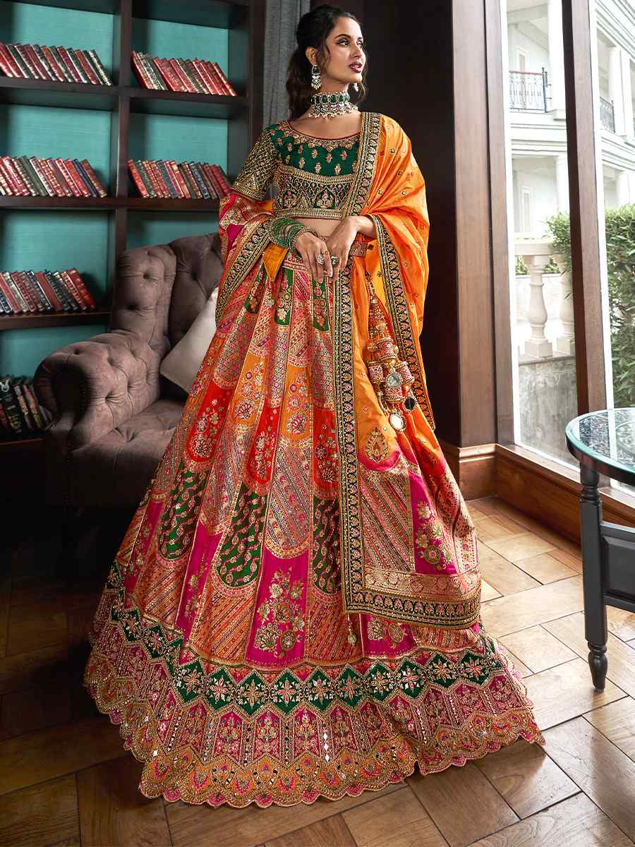 Multi Banarasi Silk Embroidered Bridal Wedding Heavy Border Lehenga Choli