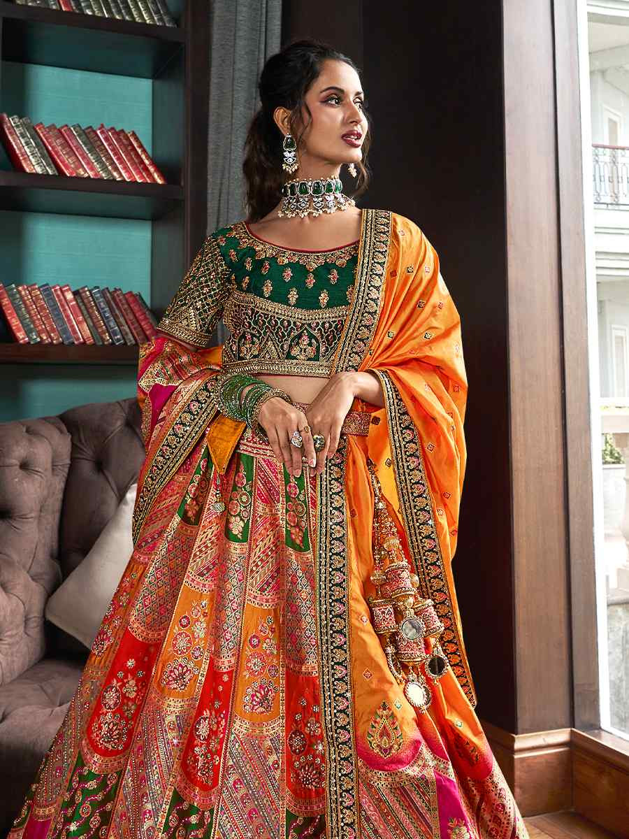 Multi Banarasi Silk Embroidered Bridal Wedding Heavy Border Lehenga Choli