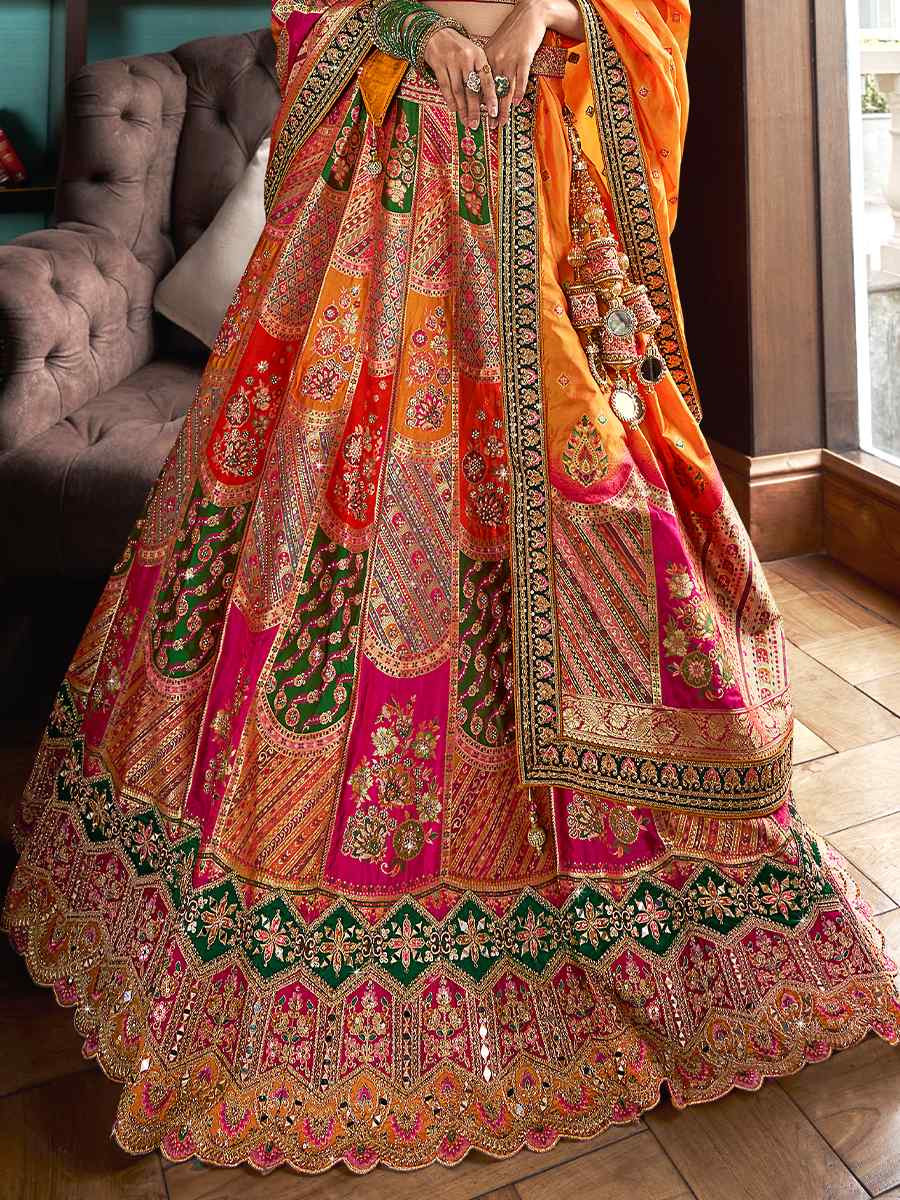 Multi Banarasi Silk Embroidered Bridal Wedding Heavy Border Lehenga Choli