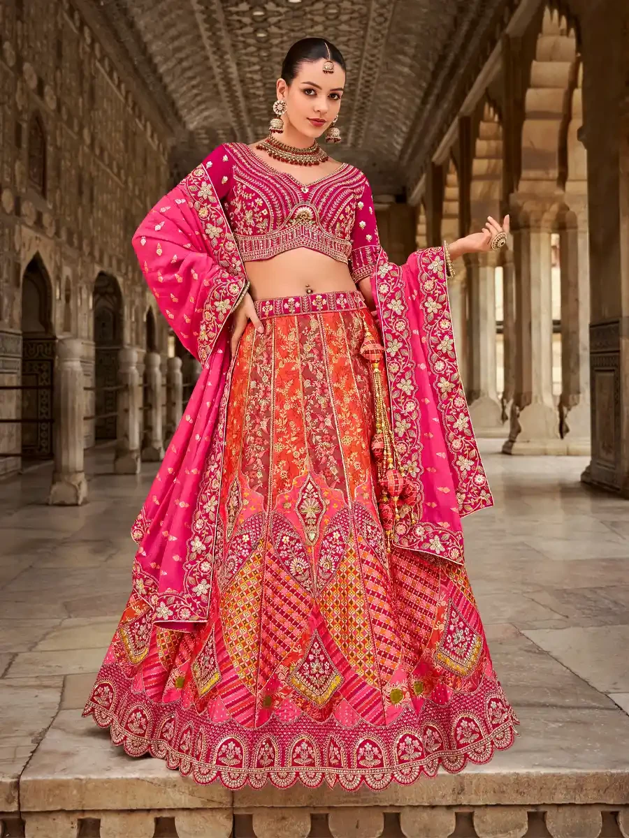 Multi Banarasi Silk Embroidered Wedding Bridal Heavy Border Lehenga Choli