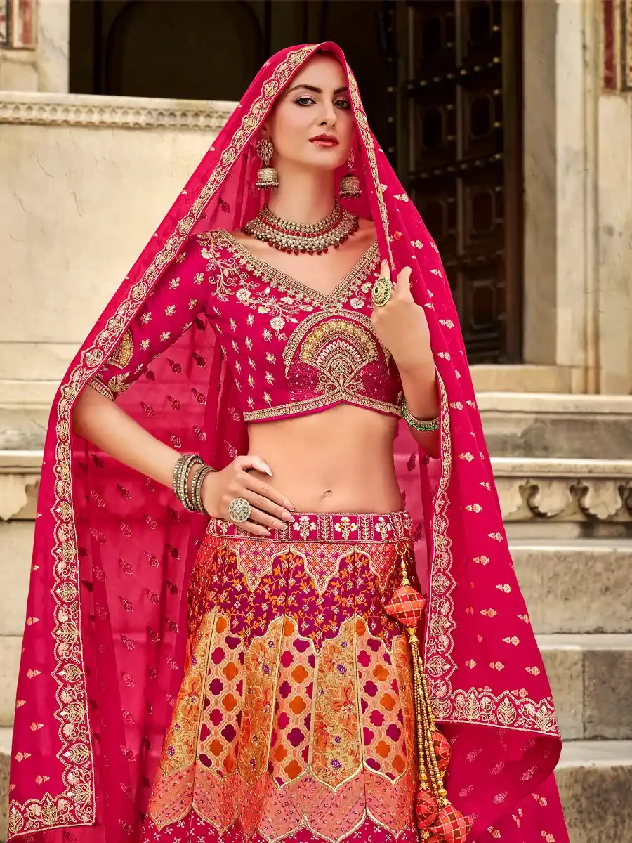 Multi Banarasi Silk Embroidered Wedding Bridal Heavy Border Lehenga Choli