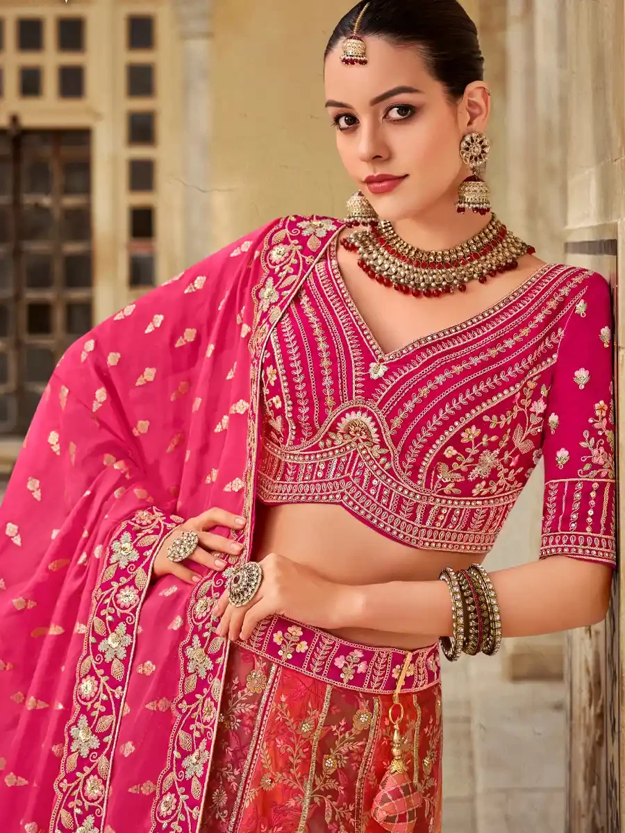 Multi Banarasi Silk Embroidered Wedding Bridal Heavy Border Lehenga Choli