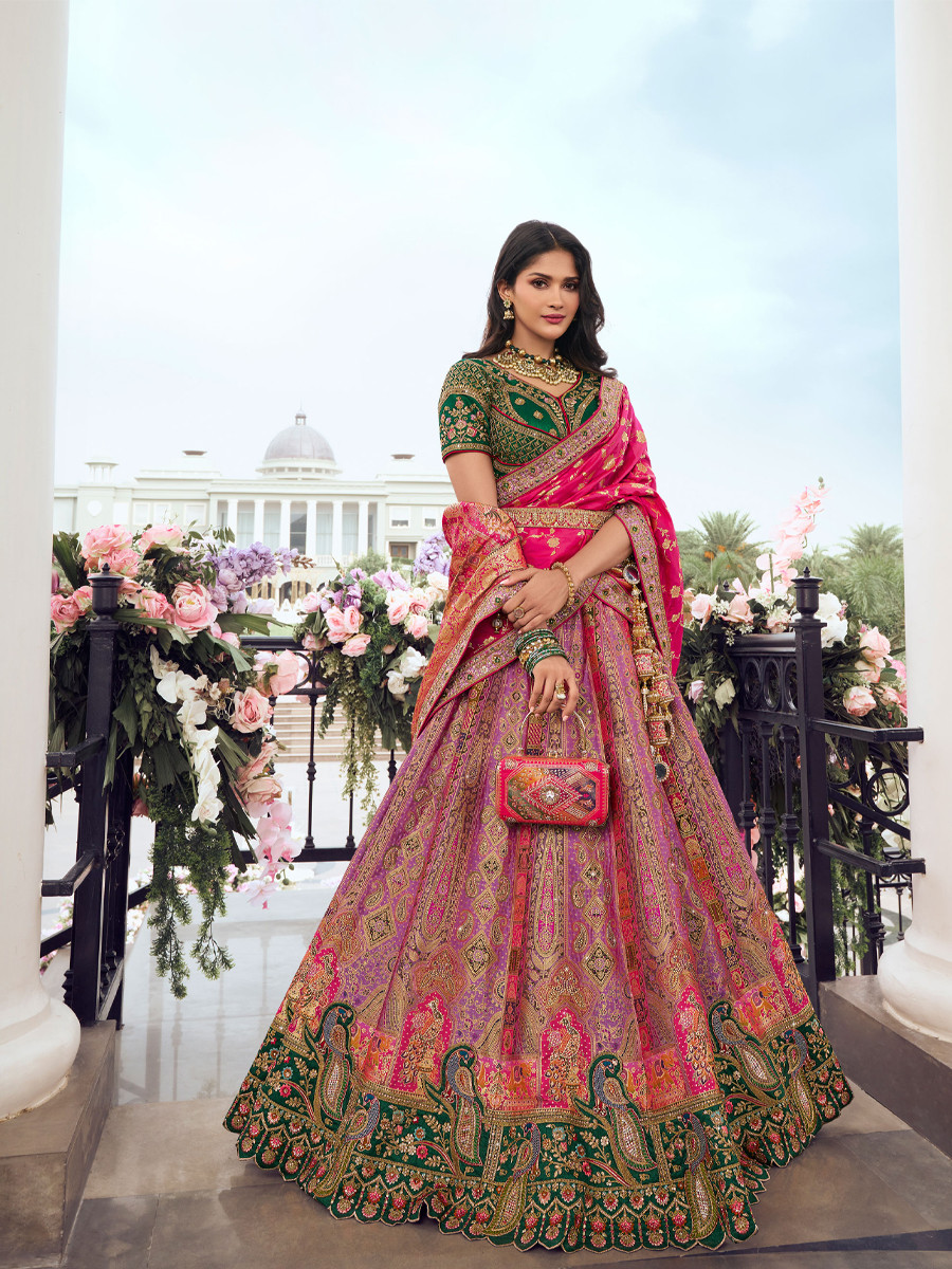 Multi Banarasi Silk Embroidery Bridal Wedding Heavy Border Lehenga Choli