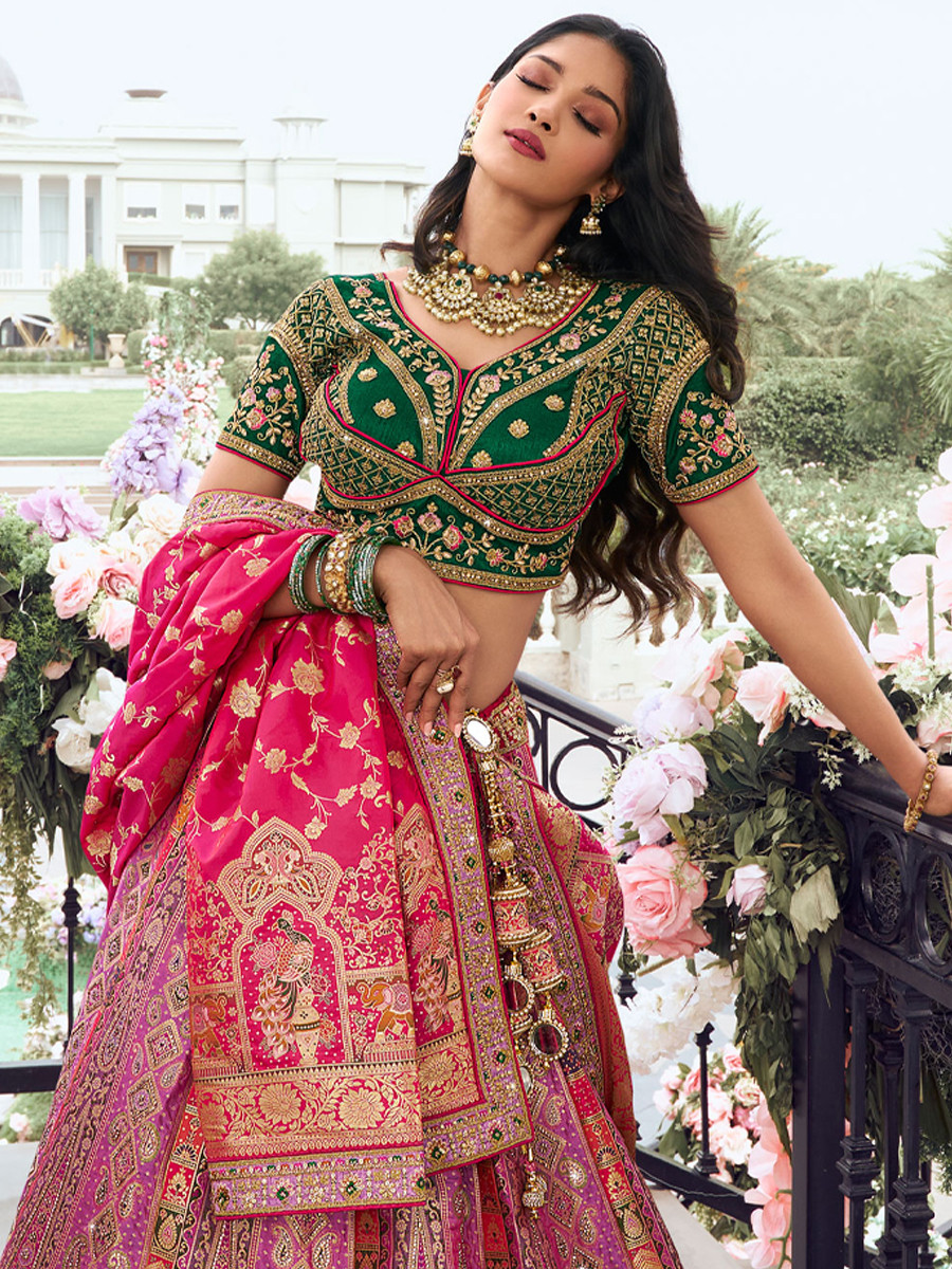 Multi Banarasi Silk Embroidery Bridal Wedding Heavy Border Lehenga Choli