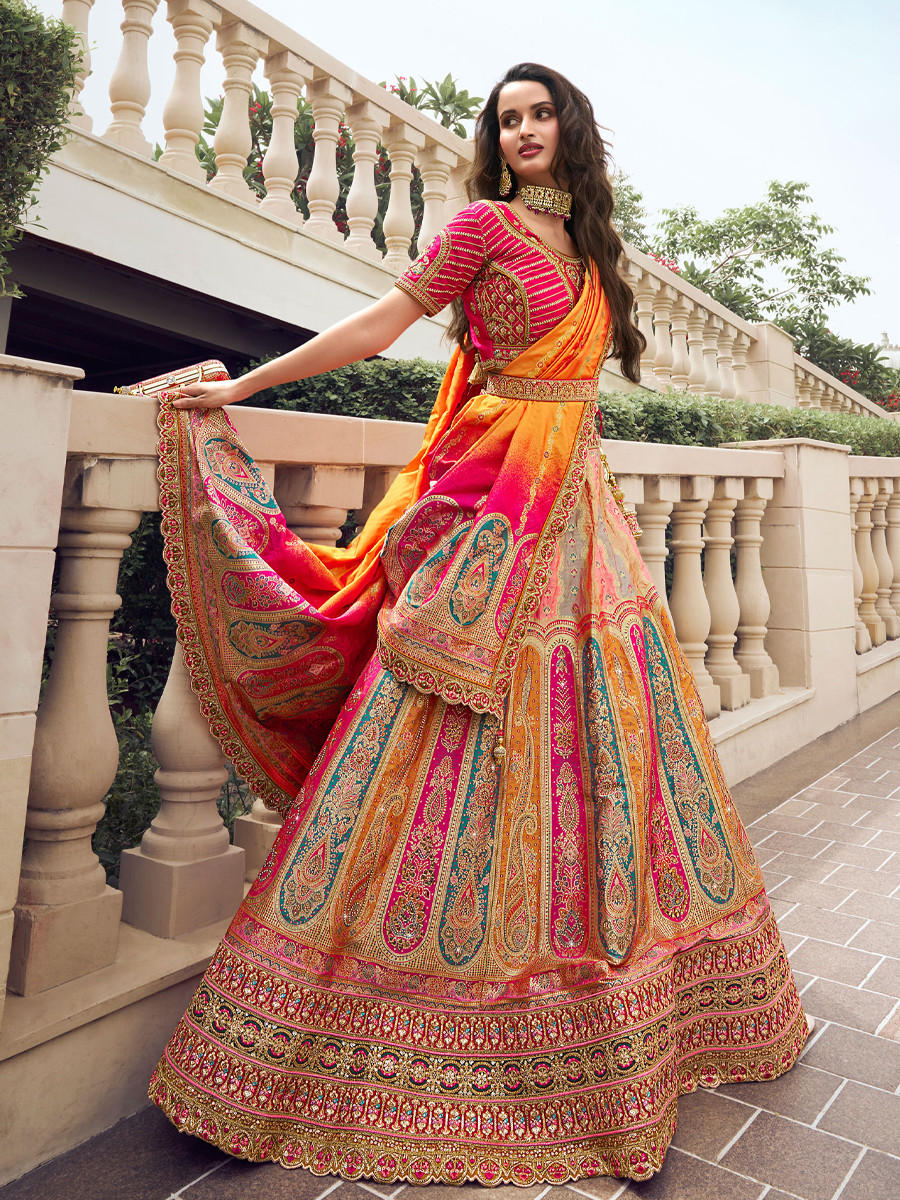 Multi Banarasi Silk Embroidery Bridal Wedding Heavy Border Lehenga Choli