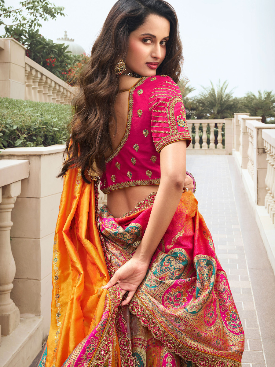 Multi Banarasi Silk Embroidery Bridal Wedding Heavy Border Lehenga Choli