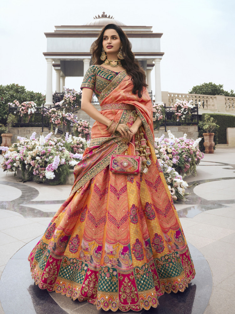 Multi Banarasi Silk Embroidery Bridal Wedding Heavy Border Lehenga Choli