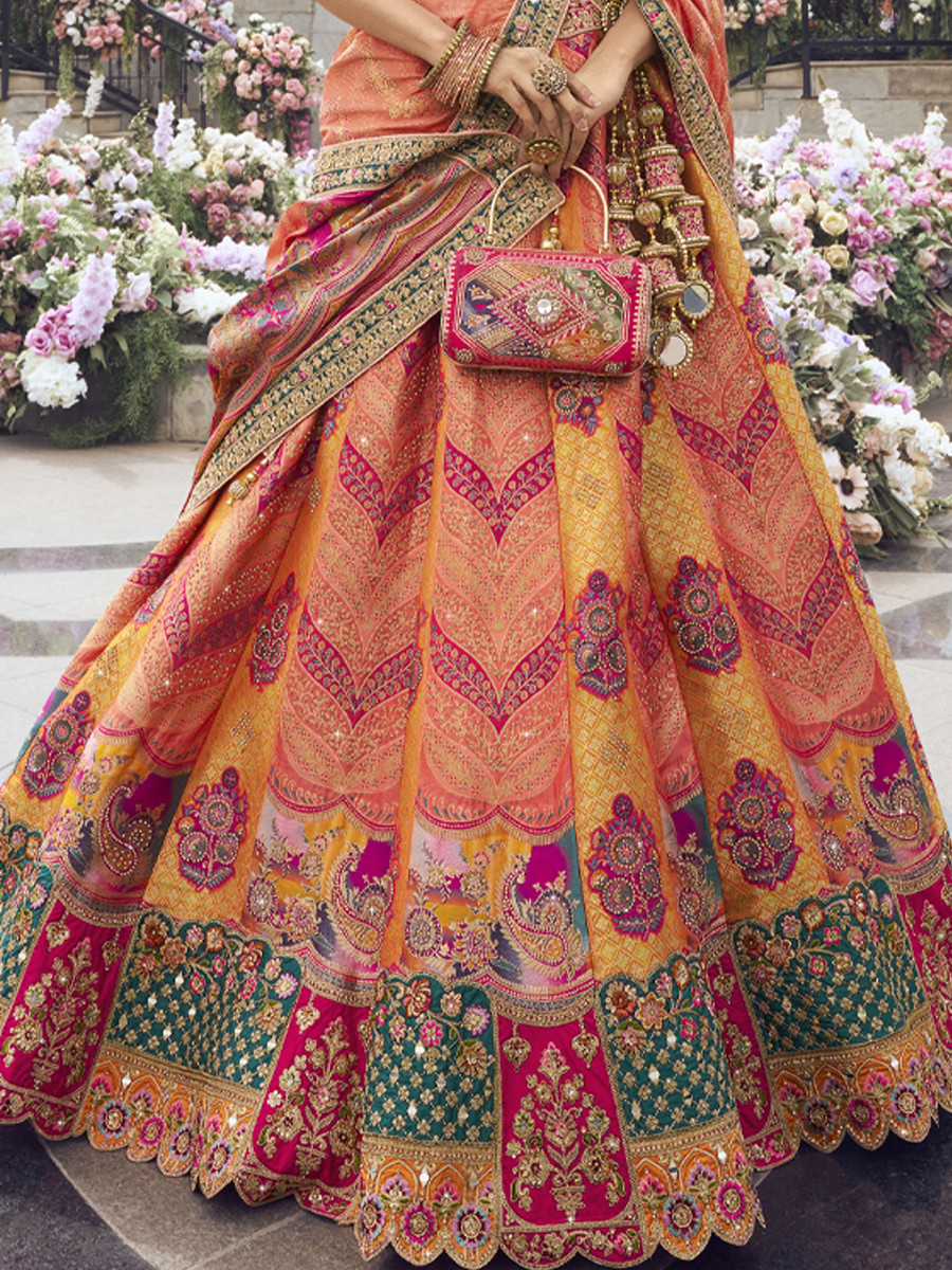 Multi Banarasi Silk Embroidery Bridal Wedding Heavy Border Lehenga Choli