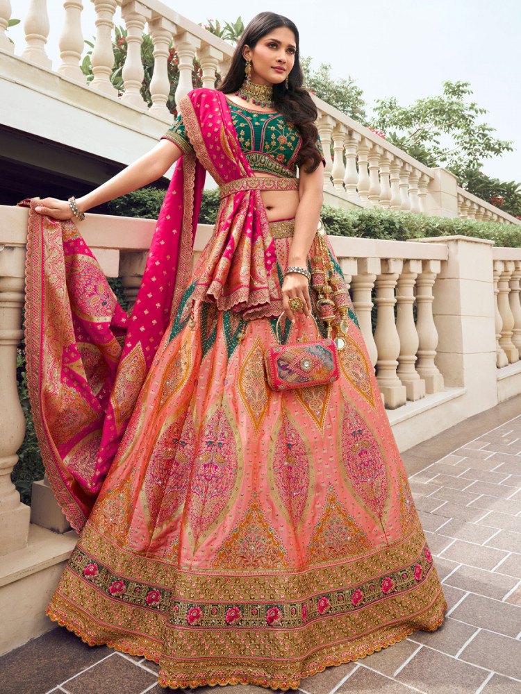 Multi Banarasi Silk Embroidery Bridal Wedding Heavy Border Lehenga Choli