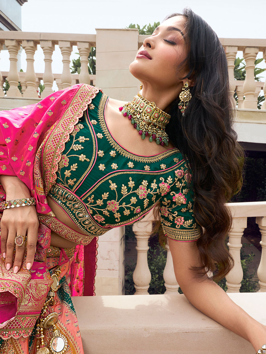 Multi Banarasi Silk Embroidery Bridal Wedding Heavy Border Lehenga Choli