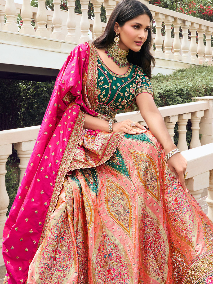 Multi Banarasi Silk Embroidery Bridal Wedding Heavy Border Lehenga Choli