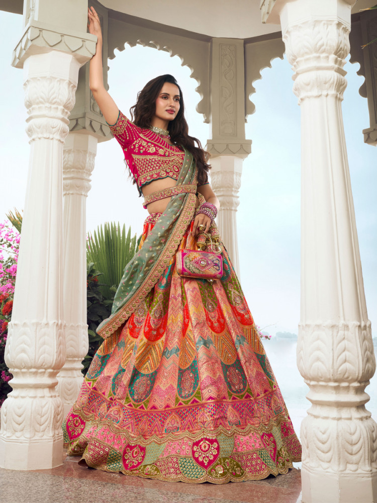 Multi Banarasi Silk Embroidery Bridal Wedding Heavy Border Lehenga Choli