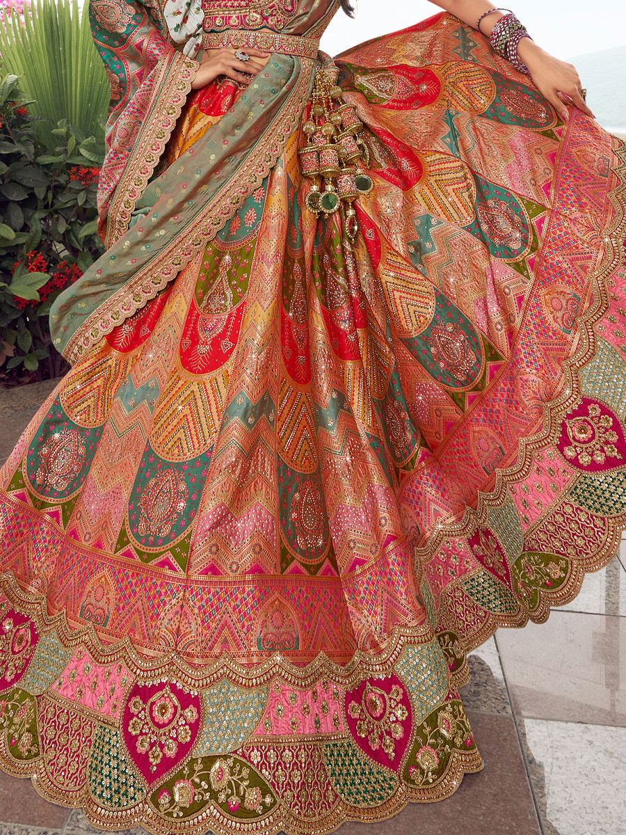 Multi Banarasi Silk Embroidery Bridal Wedding Heavy Border Lehenga Choli