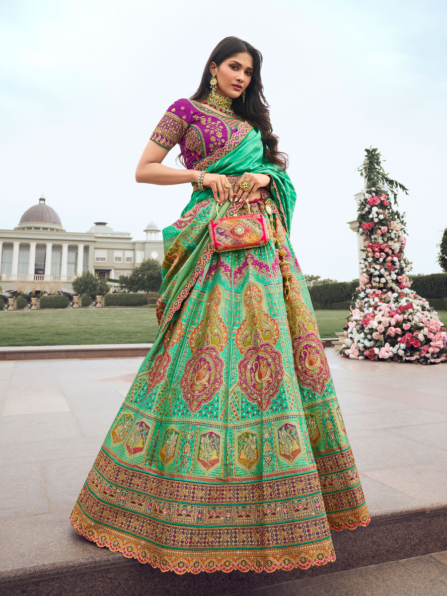 Multi Banarasi Silk Embroidery Bridal Wedding Heavy Border Lehenga Choli