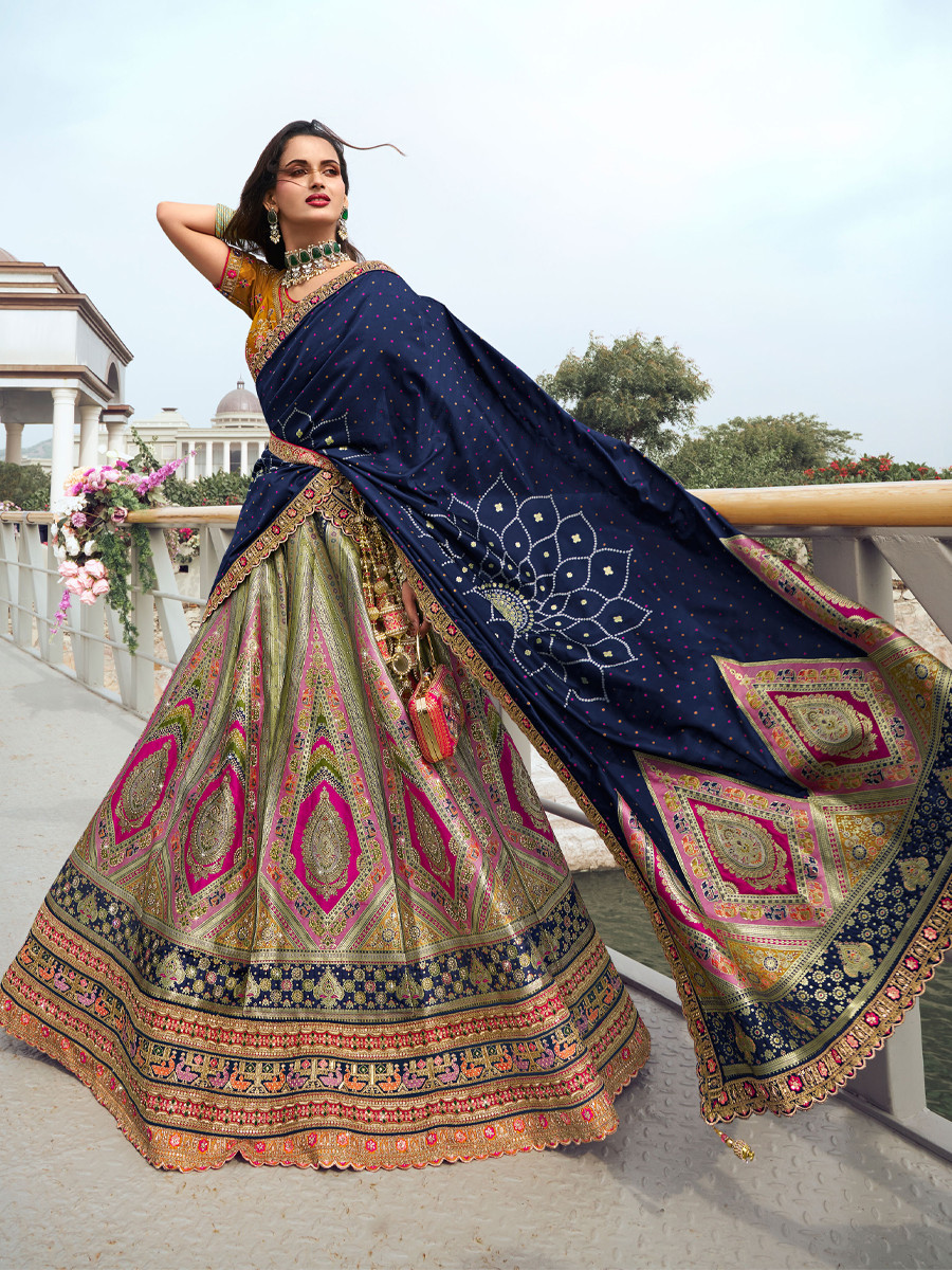 Multi Banarasi Silk Embroidery Bridal Wedding Heavy Border Lehenga Choli