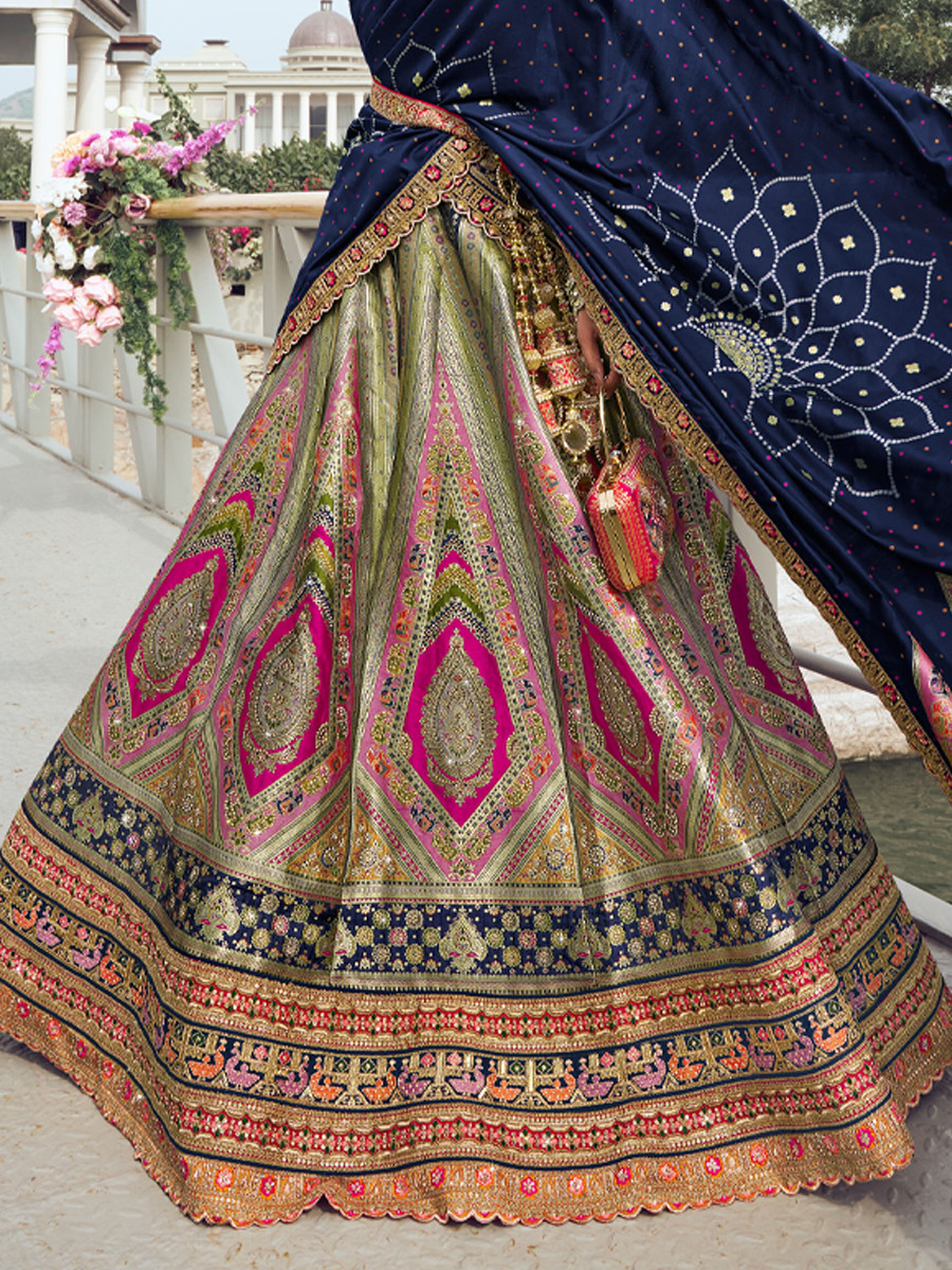 Multi Banarasi Silk Embroidery Bridal Wedding Heavy Border Lehenga Choli