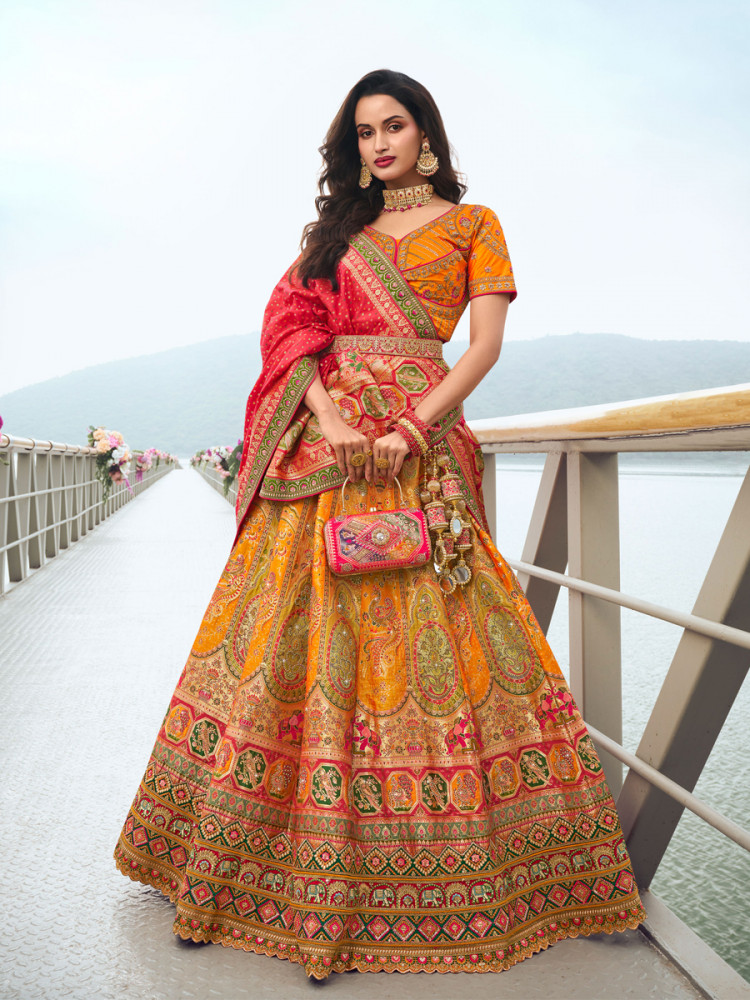 Multi Banarasi Silk Embroidery Bridal Wedding Heavy Border Lehenga Choli