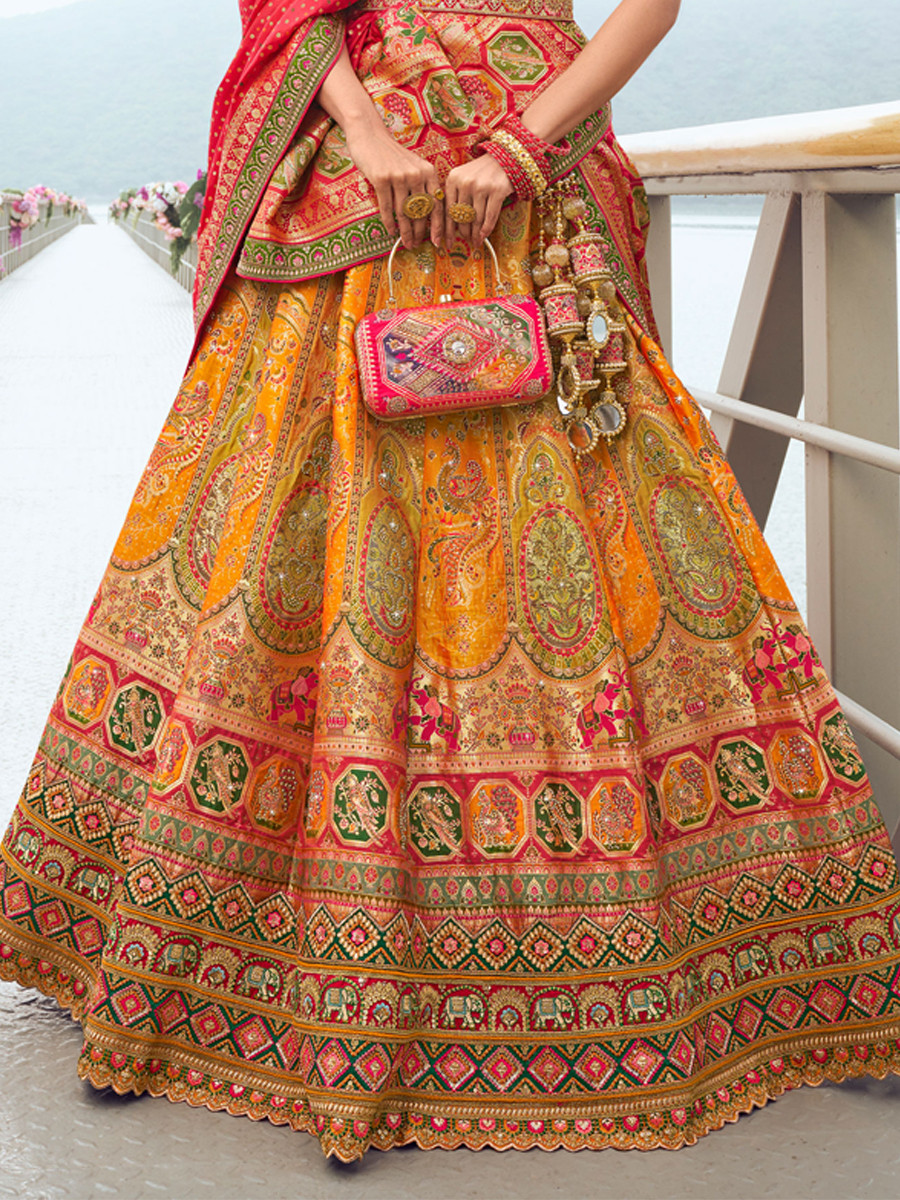 Multi Banarasi Silk Embroidery Bridal Wedding Heavy Border Lehenga Choli