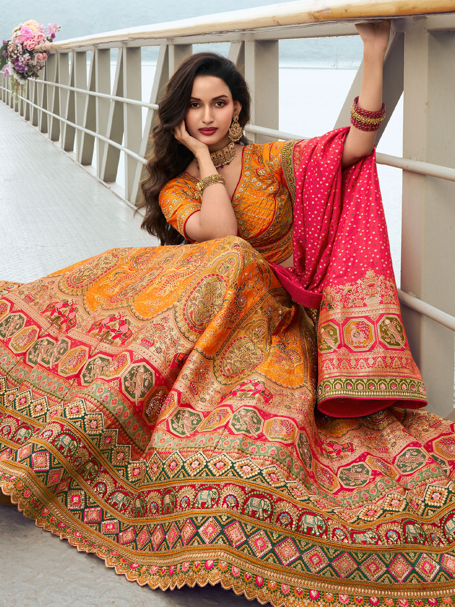 Multi Banarasi Silk Embroidery Bridal Wedding Heavy Border Lehenga Choli