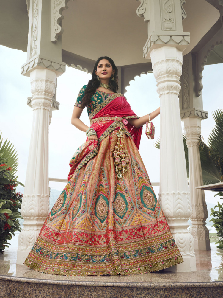 Multi Banarasi Silk Embroidery Bridal Wedding Heavy Border Lehenga Choli