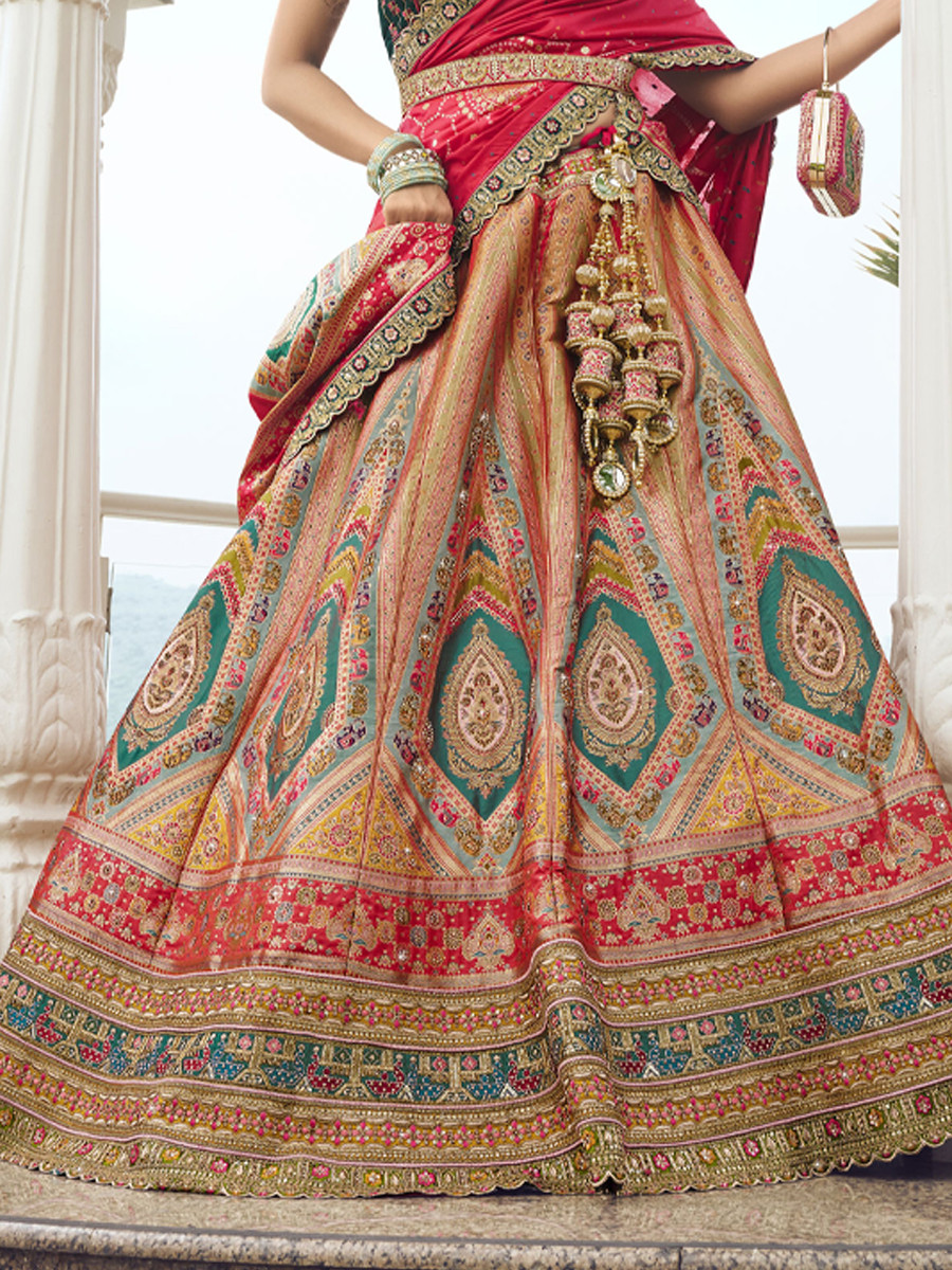 Multi Banarasi Silk Embroidery Bridal Wedding Heavy Border Lehenga Choli