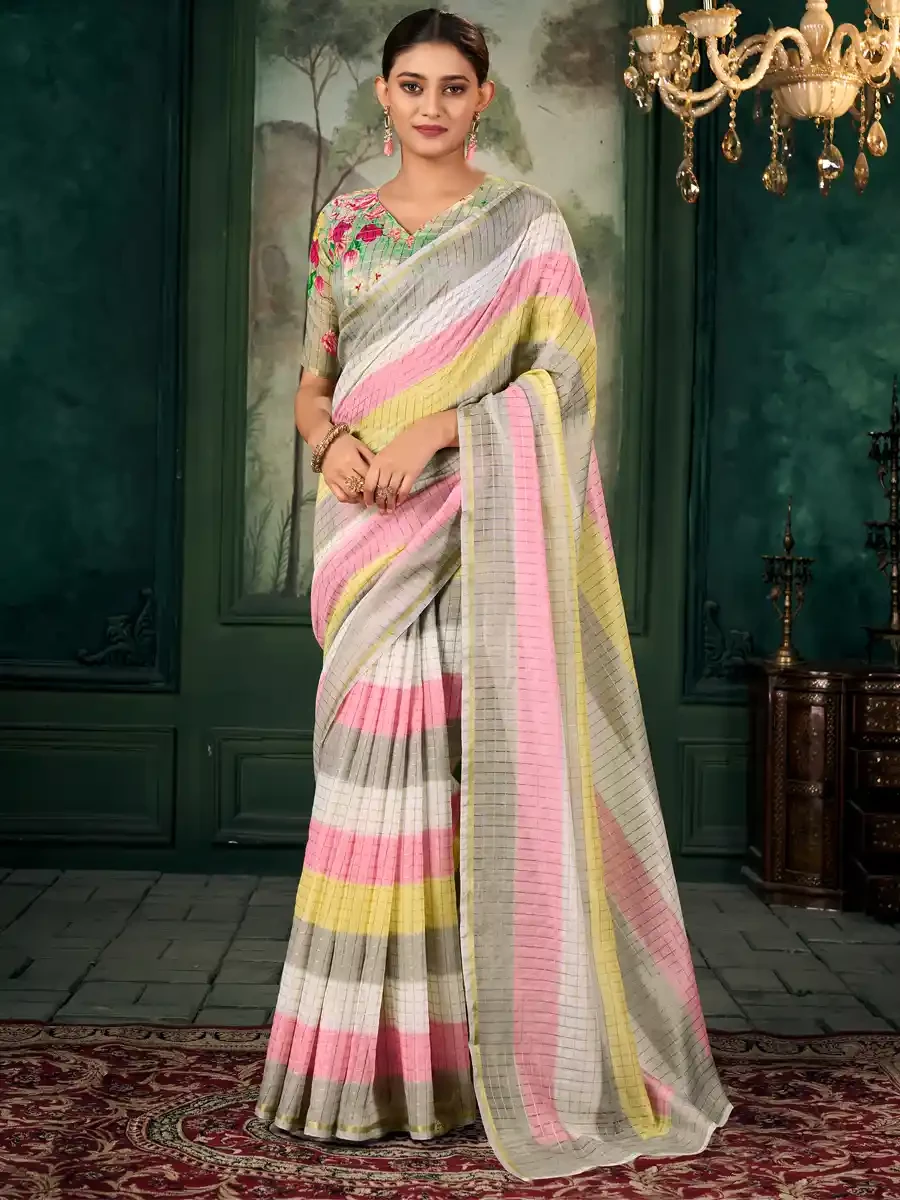 Multi Chanderi Linen Printed Festival Casual Contemporary Saree