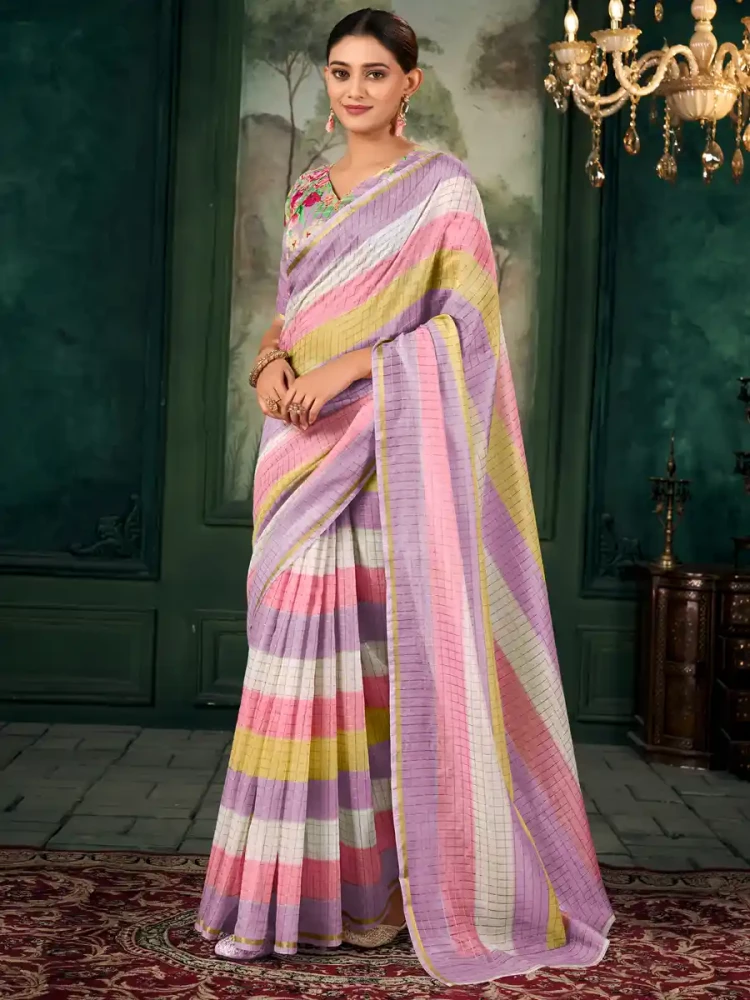 Multi Chanderi Linen Printed Festival Casual Contemporary Saree