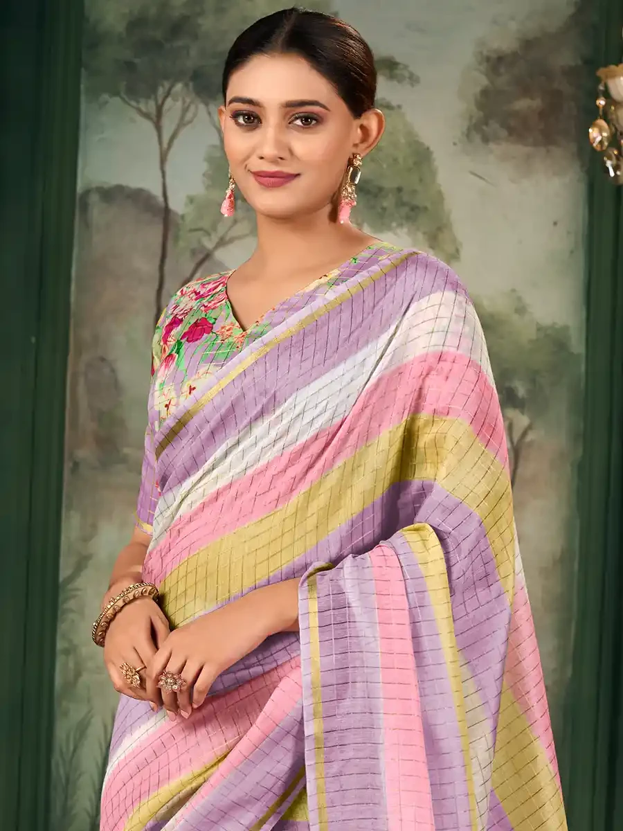 Multi Chanderi Linen Printed Festival Casual Contemporary Saree