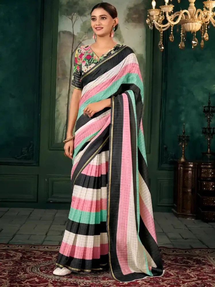 Multi Chanderi Linen Printed Festival Casual Contemporary Saree