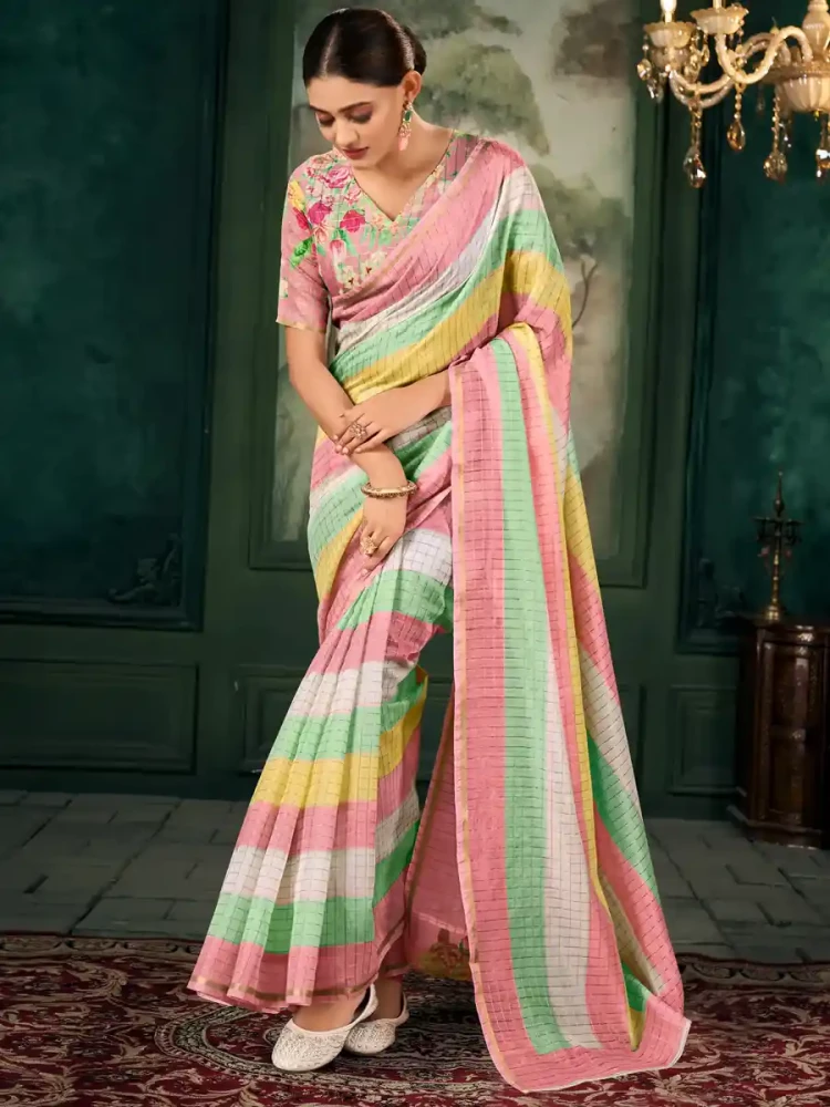 Multi Chanderi Linen Printed Festival Casual Contemporary Saree