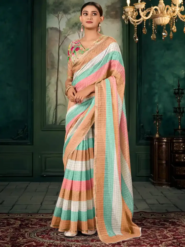 Multi Chanderi Linen Printed Festival Casual Contemporary Saree