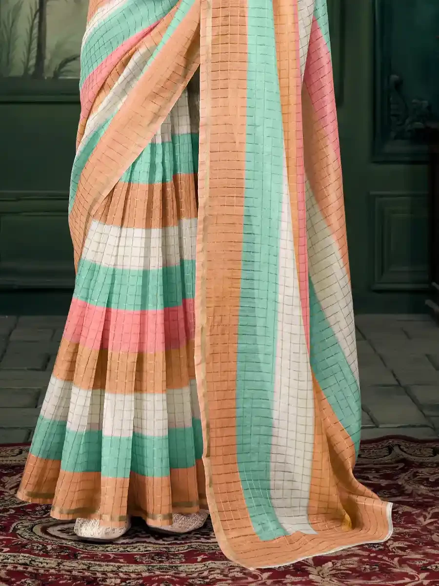 Multi Chanderi Linen Printed Festival Casual Contemporary Saree