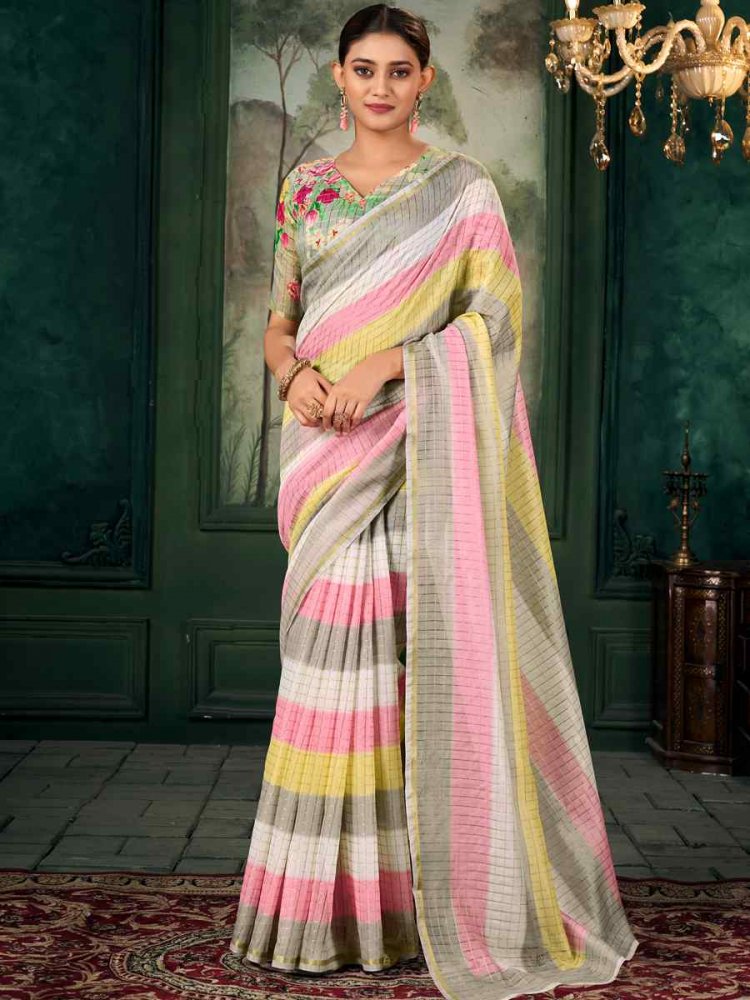 Multi Chanderi Linen Printed Festival Casual Contemporary Saree