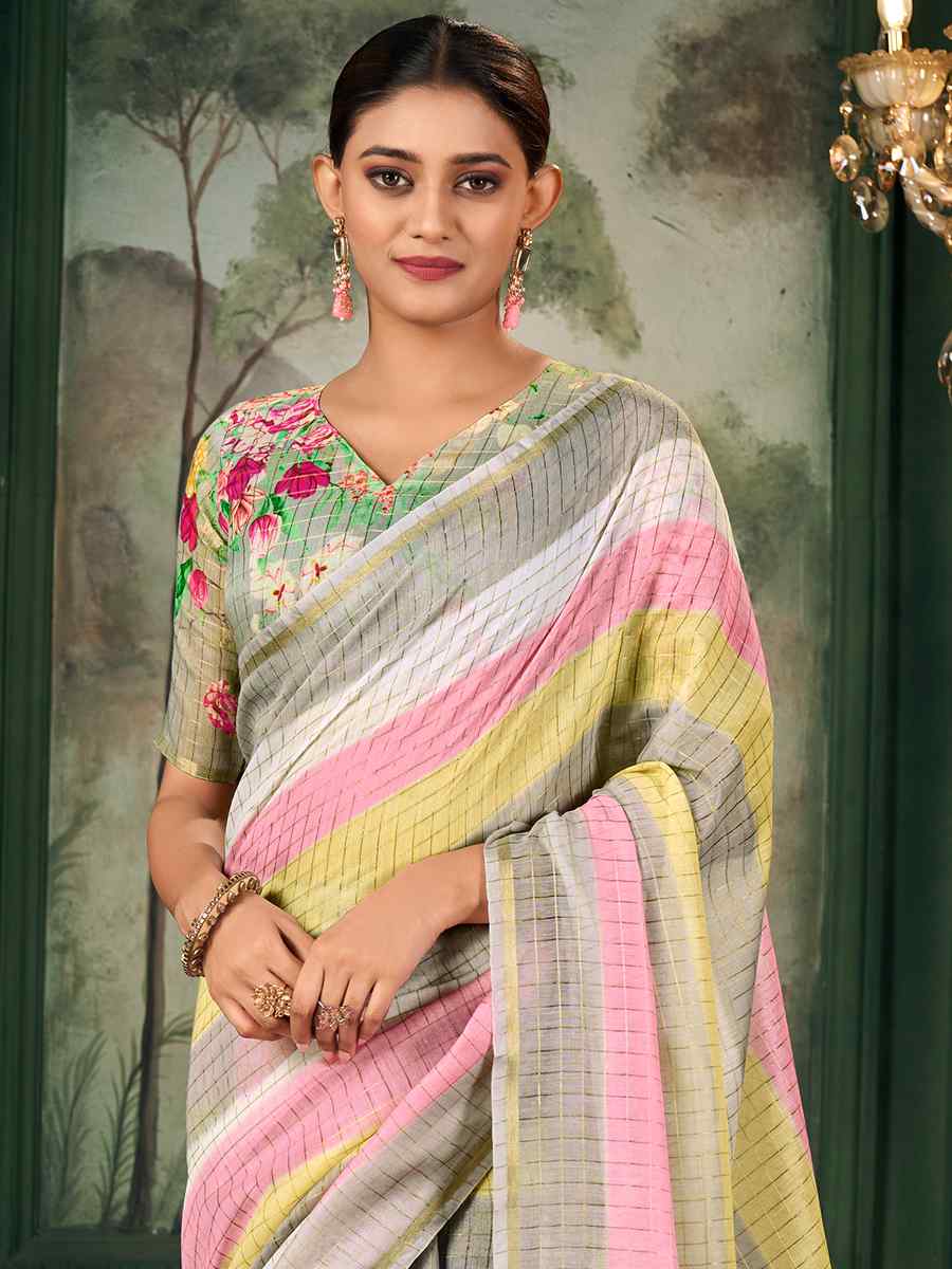 Multi Chanderi Linen Printed Festival Casual Contemporary Saree