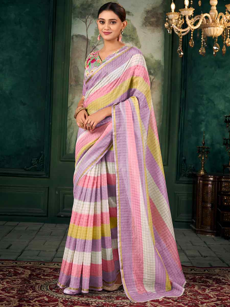 Multi Chanderi Linen Printed Festival Casual Contemporary Saree