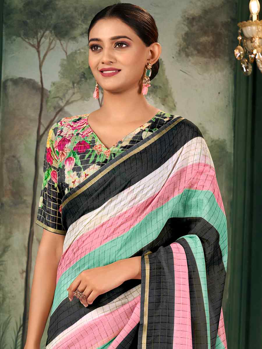 Multi Chanderi Linen Printed Festival Casual Contemporary Saree