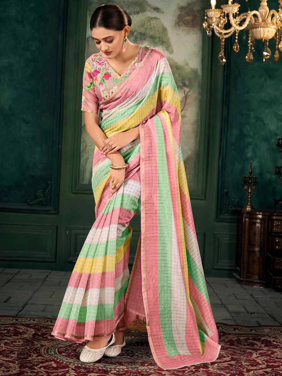 Multi Chanderi Linen Printed Festival Casual Contemporary Saree