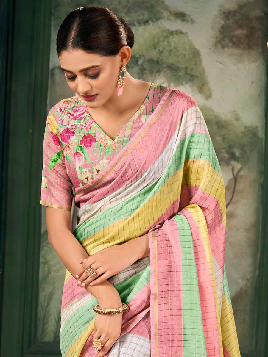 Multi Chanderi Linen Printed Festival Casual Contemporary Saree