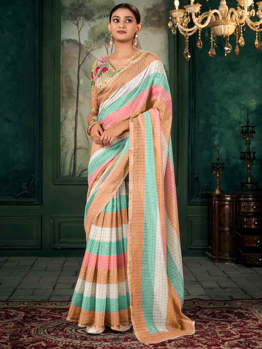 Multi Chanderi Linen Printed Festival Casual Contemporary Saree