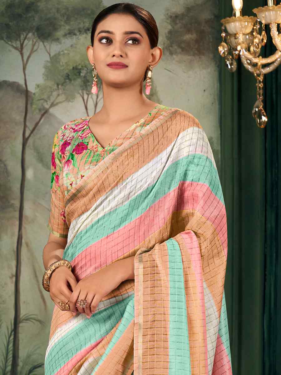 Multi Chanderi Linen Printed Festival Casual Contemporary Saree