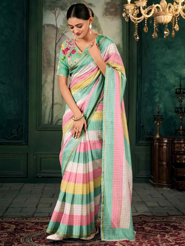 Multi Chanderi Linen Printed Festival Casual Contemporary Saree