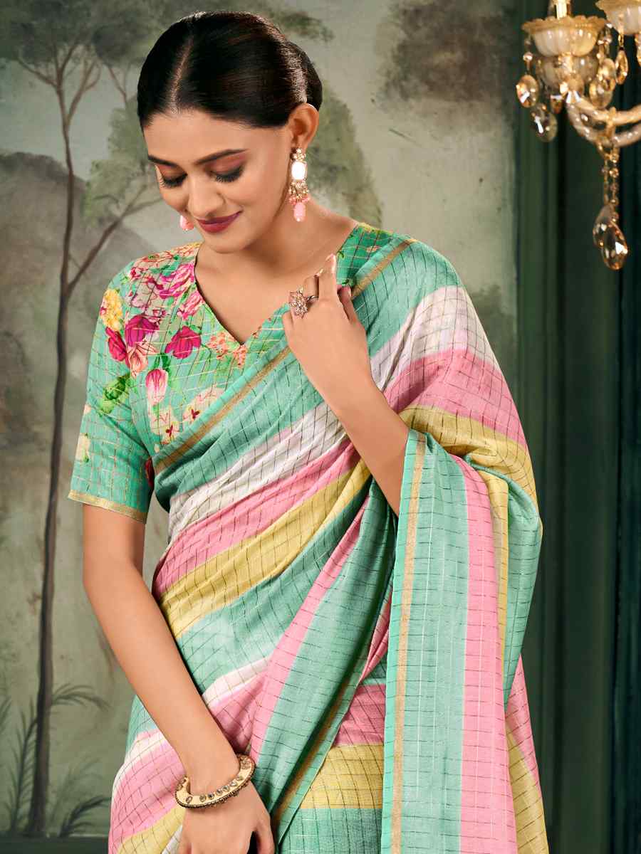 Multi Chanderi Linen Printed Festival Casual Contemporary Saree